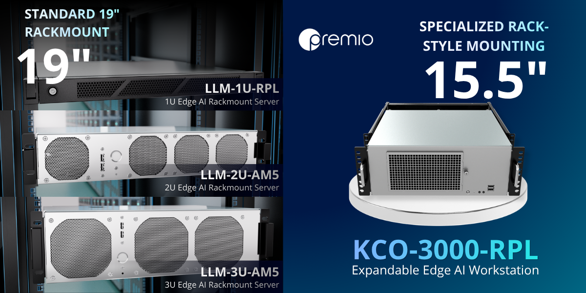 Premio LLM Series standard 19-inch rackmount AI servers and KCO-3000 specialized rack style Edge AI workstation