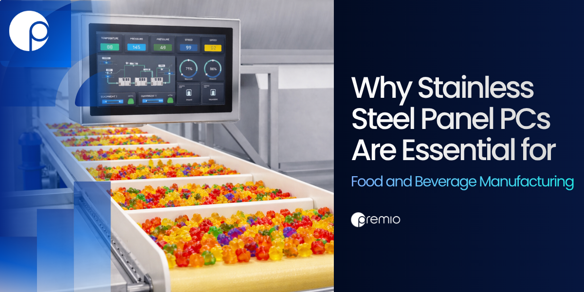 Stainless steel Panel PC mounted on a food and beverage production line, designed for hygienic washdown environments