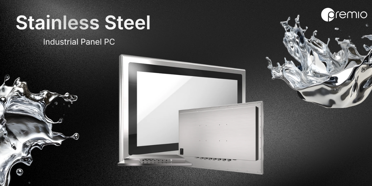 Stainless steel Panel PC mounted on a food and beverage production line, designed for hygienic washdown environments