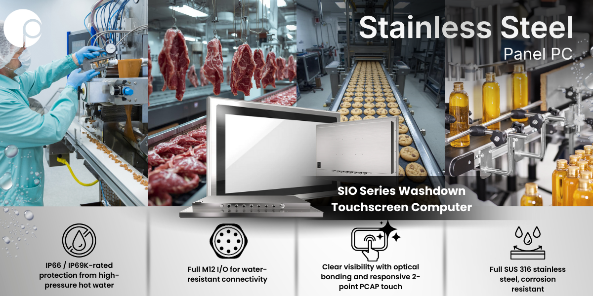 Stainless steel Panel PC mounted on a food and beverage production line, designed for hygienic washdown environments